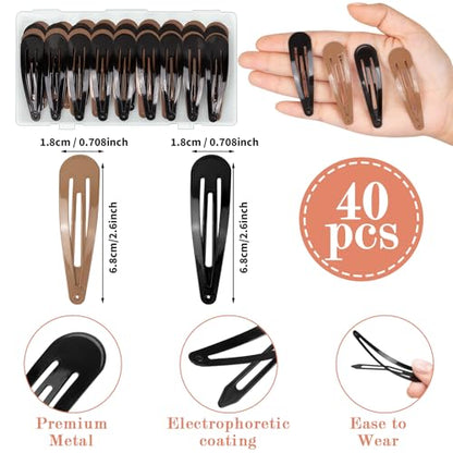 Gingbiss 40 Pieces Large Snap Hair Clips for Woman, 2.6 inch Metal Hair Barrettes with Storage Case for Women, Classic Hairpins Hair Accessories for Long Thick Hair (Black & Brown)