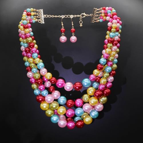 Faux Big Pearl Srand Necklaces for Women 5 Layers Pearls Choker Bib Collar Necklace Bracelet and Earrings set 1920s Costume Pearl Jewelry Bridal Wedding - color: colorful pink