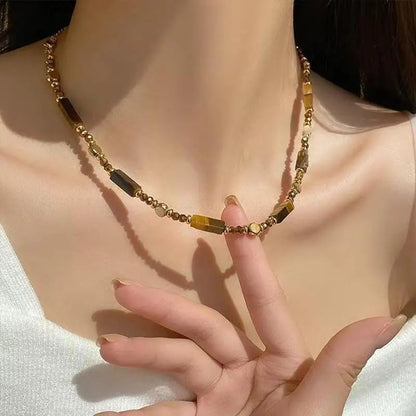 2pcs Retro Temperament Layered Tiger Eye Stone Pendant Necklace For Women Stainless steel Double-Layer Collarbone Chain Sets