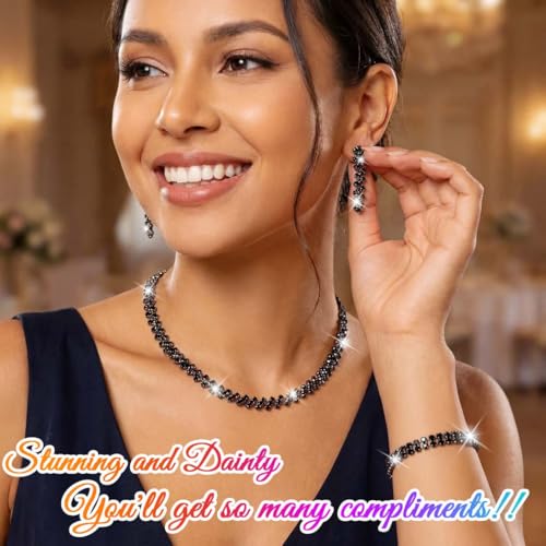 Rhinestone Bridal Wedding Jewelry Sets Silver Necklace Earrings Bracelet Set Prom Formal Costume Jewelry Set for Women and Brides - color: Black