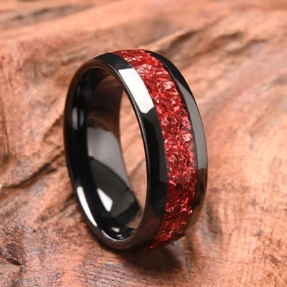 Tungsten Rings for Men and Women 8mm/4mm Men’s Wedding Bands | 8mm Black Inlaid Purple Galaxy Opal Fashion High Polished Suitable for engagement and anniversary parties comfortable fit - color: 8mm black and red