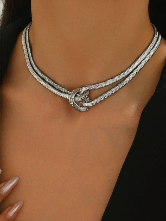 Hip Hop Snake Chain Knot Double-Layered Choker Necklace Collection, Blade Chain Design, Gold/Silver-Tone, Trendy Daily & Streetwear Jewelry