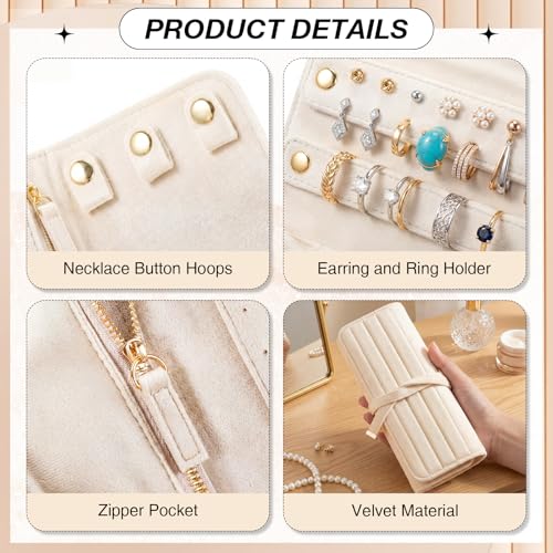 Tondiamo 1 Pcs Velvet Jewelry Roll Luxury Travel Jewelry Case for Ring Necklace Earring Bracelet Storage Bag Women Bridesmaid Gift (Cream White) - color: Cream White