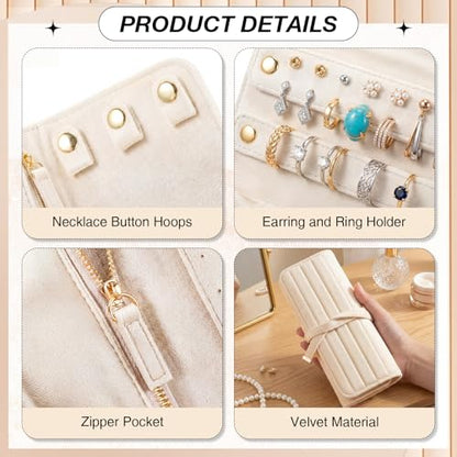 Tondiamo 1 Pcs Velvet Jewelry Roll Luxury Travel Jewelry Case for Ring Necklace Earring Bracelet Storage Bag Women Bridesmaid Gift (Cream White) - color: Cream White