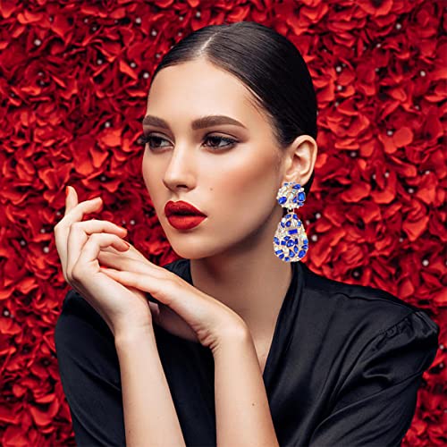 Rhinestone Statement Earrings Teardrop Costume Earrings Cluster Crystal Chandelier Drop Dangle Earrings for Women - color: Blue
