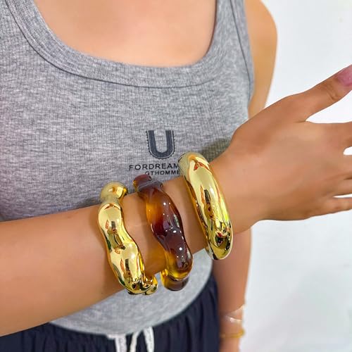 2PCS Chunky Acrylic Bracelet for Women Large Square Resin Cuff Vintage Open Bangle Bracelets Wide Geometric Jewelry - style: E-Gold+Gold+White