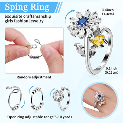 Cruzix 12Pcs Anxiety Fidget Rings for Women, Stainless Steel Spinner Rings Moon and Star Bead Band Ring Adjustable Open Ring Sunflower Fidget Rings for Men Teens Anti Stress Gift, Size 7-10