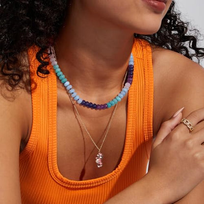 KissYan Beaded Gemstone Necklaces for Women | Colorful Bead Natural Stone Choker with 14K Gold Plated Spring Ring Clasp, Handmade Knot Jewelry for Summer Beach - color: U-Purple & Green