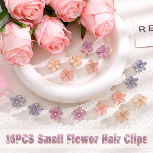 CWJCYTNSN 16PCS Small Hair Claw Clips for Women Girls, Mini Crystal Flower Hair Clips, 0.8" Cute Metal Hair Pins, Nonslip Flower Bangs Side Clips for Thick Curly Hair Accessories - color: Crystal Flower
