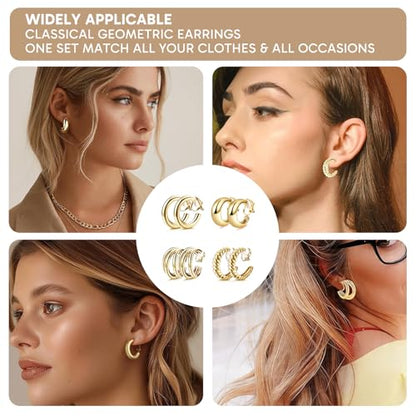 4 Pairs Gold Clip On Earrings, Non-Pierced Lightweight Hoops for Women, Comfortable for Daily & Party Wear