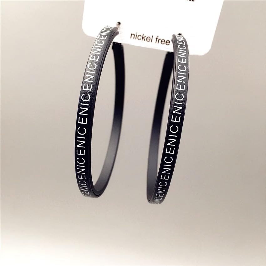 Hoop Earrings for Women Leather Hoop Earrings-Medium/Large Hoops-Lightweight hoop - color: Black Letters