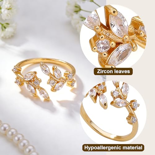 1 Pcs Gold Plated Crystal Leaf Rings,Adjustable Rings for Women,Leaf Ring,Adjustable Gold Tone Ring,Open Rings for Women,Best Friend Valentine's Day Gift for Girlfriend Wife(Gold)