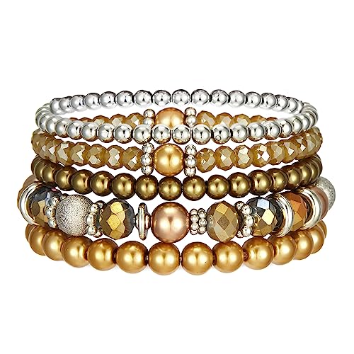 Noessla Beaded Pearl Stretch Bracelet Silver Stackable Crystal Beads Bracelets Trendy Costume Jewelry Mothers Day Gifts for Women - color: Champagne