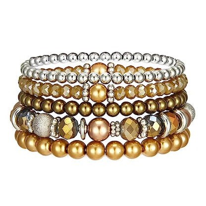 Noessla Beaded Pearl Stretch Bracelet Silver Stackable Crystal Beads Bracelets Trendy Costume Jewelry Mothers Day Gifts for Women - color: Champagne