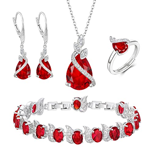 Jewelry Set for Bride, Sparkling Water Drop Cubic Zirconia Crystal Pendant Necklace Leverback Earrings Tennis Bracelet Adjustable Ring Gift for Wedding/Birthday/Mother's Day/Christmas - color: 04-Ruby Color Silver-Tone