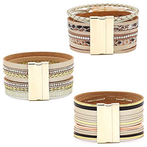 Wowanoo 3Pack Leather Cuff Bracelet Set Multilayer Wrap Bracelet Crystal Feather Tree Bracelet Magnetic Clasp Bracelet for Women - color: Beaded