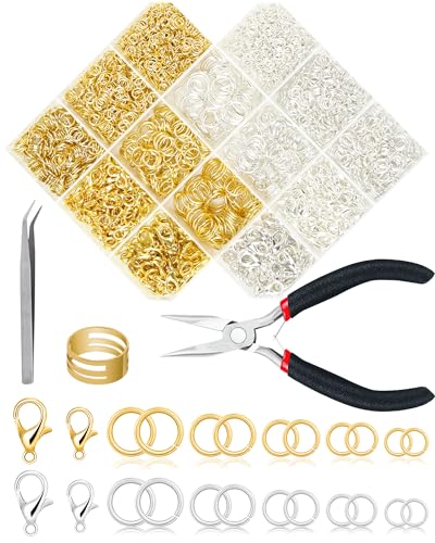 FIVEIZERO 2400PCS Jump Rings Kit for Jewelry Making and Craft Supplies ﻿﻿ ﻿ | Gold/Silver Jump Rings,Lobster Clasps & Tools-Pliers,Tweezer,Opener;2400pcs Sufficient Quantity；4/5/6/8/10mm Jump Rings；﻿﻿