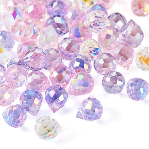 50Pcs Faceted Glass Teardrop Beads Electroplated Crystal Glass Beads 10x8mm 5 Colors for DIY Jewelry Making Necklace Bracelet Earring - color: Pink Purple