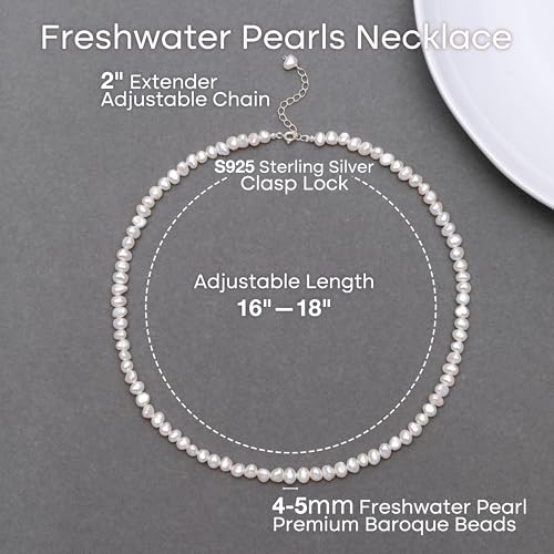 Natural Pearls Necklace, Freshwater Baroque Pearls Necklace for Women's Pearl Strand Choker Necklace 18K Gold Plated & S925 Sterling Silver Clasp White Necklace Chain - color: White, 4-5mm, Silver Clasp