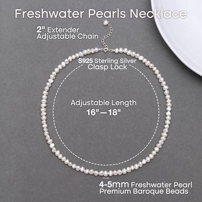 Natural Pearls Necklace, Freshwater Baroque Pearls Necklace for Women's Pearl Strand Choker Necklace 18K Gold Plated & S925 Sterling Silver Clasp White Necklace Chain - color: White, 4-5mm, Silver Clasp