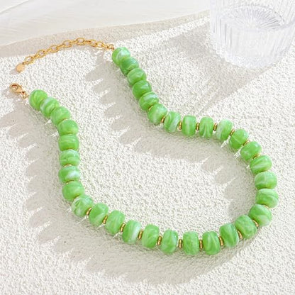 Chunky Colorful Choker Necklace for Women - Summer Beach Round Resin Beads Necklace, Trendy Statement Summer Beach Jewelry Birthday Gifts for Vacation Holiday - color: 14mm Light Green Beads
