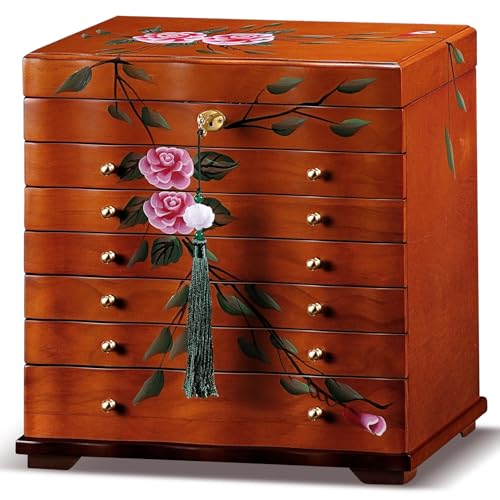 Hand-Painted Large Wood Jewelry Box,9-Layer Lockable Cabinet for Women | Solid Wood Vintage Jewelry Organizer with Lock,Necklace Hanger,Handcrafted Large Storage Gift for Her,Big Brown Wooden Drawer - style: Vintage