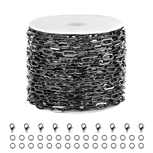 5 Meters Stainless Steel Chain for Jewelry Making Small Paperclip Links | Black Paper Clip Chains Bulk on Roll with Jewelry Connectors for Necklace Bracelet Crafts DIY - color: black paperclip