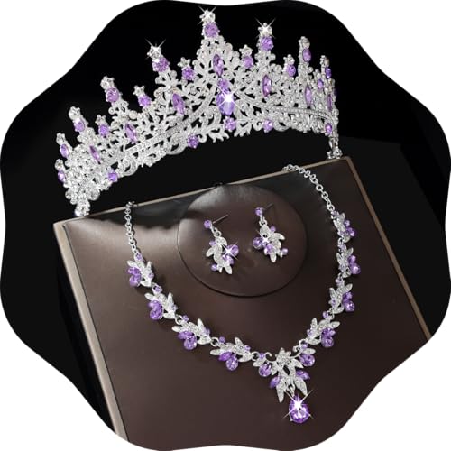 Kamirola Tiaras and Crowns for Women,Tiaras Earrings Necklace, Crystal Bridal Jewelry Set, Costume Jewelry for Women Party Halloween Prom Pageant - color: SILVER PURPLE