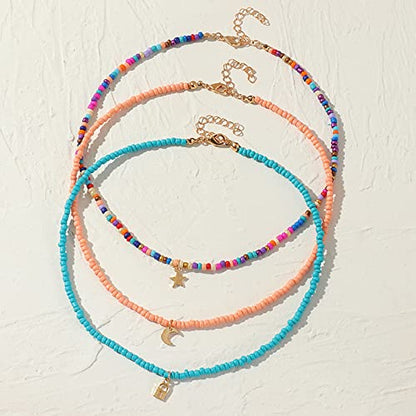 Handmade Multilayered Rainbow Colorful Beads Link Chain Moon Star Butterfly Pendant Choker Necklace Friendship Creative Beach Costume Jewelry for Women - color: Orange
