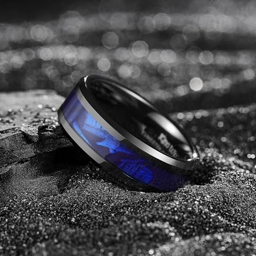 King Will Tungsten Wedding Band Wood Inlay for Men Black Beveled Edge | Black, 8mm, Beveled Edge, Comfort Fit, Wood inlay, Promise Gift - color: Black-Blue