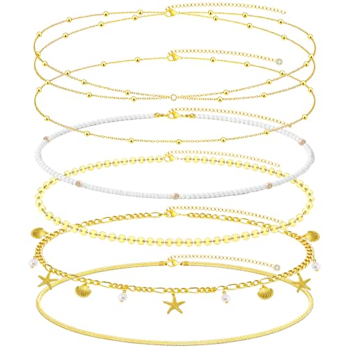 NEWITIN 4 Pieces Waist Chain for Women Gold Plated Adjustable Belly Chain Dainty Layered Summer Beach Body Chains Sexy Bikini Body Chains Jewelry Accessories for Women - color: 6 Pieces Gold Beach