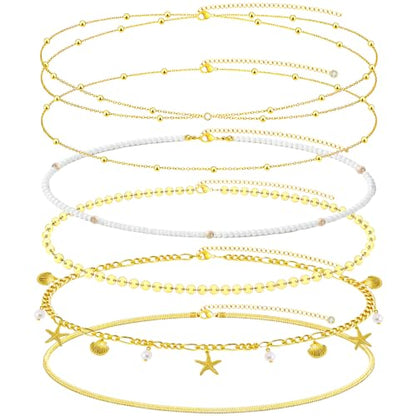 NEWITIN 4 Pieces Waist Chain for Women Gold Plated Adjustable Belly Chain Dainty Layered Summer Beach Body Chains Sexy Bikini Body Chains Jewelry Accessories for Women - color: 6 Pieces Gold Beach
