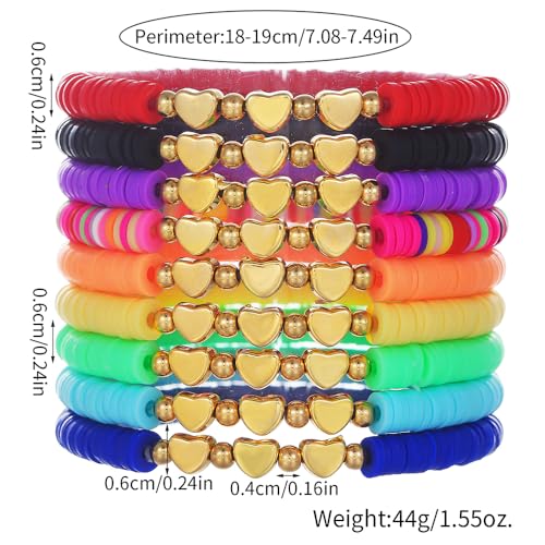 Friendship Bracelets for Women - Heishi Surfer Colorful Smile Evil Eye Clay Beaded Stretch Bracelets Elastic Layering - Stackable Boho Disc Y2K Aesthetic Summer Jewelry Set. - color: 3heart-9pc-Colorful