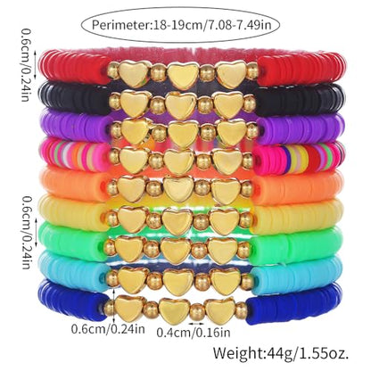 Friendship Bracelets for Women - Heishi Surfer Colorful Smile Evil Eye Clay Beaded Stretch Bracelets Elastic Layering - Stackable Boho Disc Y2K Aesthetic Summer Jewelry Set. - color: 3heart-9pc-Colorful