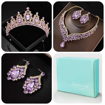 Kamirola Bridal Wedding Tiara Crown Jewelry Set for Women/Brides/Bridesmaids Crystal Jewelry Set for Wedding Prom Party Bridal Crystal Necklace Earrings Bracelet Set(TR60) - color: Gold Purple