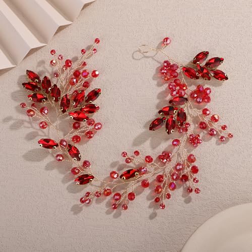 Teyglen Red Crystal Rhinestone Wedding Headband Bridal Crystal Hair Piece Sparkly Crystal Bride Wedding Hair Vine Hair Accessories for Women Bridal Party Prom Jewelry(Red) - color: Red