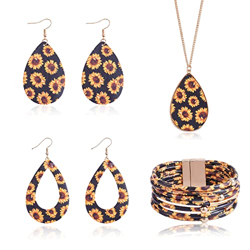 Ornaland 4 Pcs Leather Earrings Necklace Bracelet Set Print Earrings Faux Leather Necklace Multi-Layer Bracelet Jewelry Set Gifts for Women - color: A1