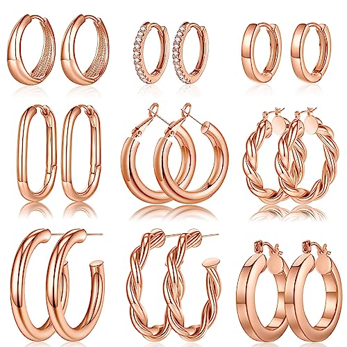 9 Pairs Gold Hoop Earrings for Women, 14K Real Gold Plated Chunky Hoop Earrings Set for Women Hypoallergenic Thick Lightweight Earring for Womens Jewelry Gifts - color: Rose Gold-Plated