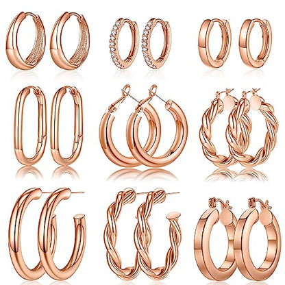 9 Pairs Gold Hoop Earrings for Women, 14K Real Gold Plated Chunky Hoop Earrings Set for Women Hypoallergenic Thick Lightweight Earring for Womens Jewelry Gifts - color: Rose Gold-Plated