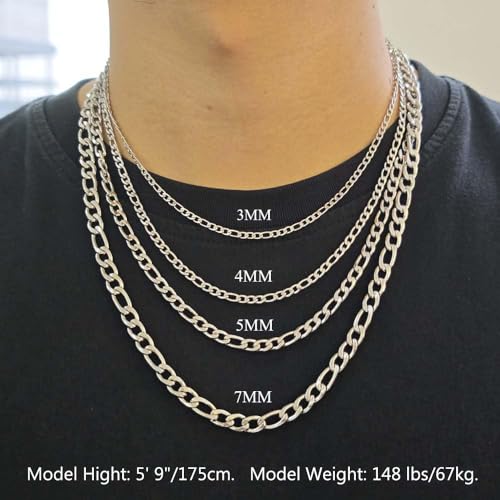 Stainless Steel Figaro Link Chain Necklace For Men Women, 3mm 4mm 5mm 7mm Width, 18k Gold Plated 18 20 22 24 Inch Figaro Chain, No Tarnish Durable Waterproof Jewelry - color: 4MM Silver, size: 20inches