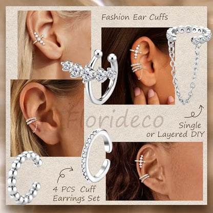 Florideco 4 PCS Ear Cuffs Non Piercing Hypoallergenic 14K Gold Plated Ear Cuff Earrings for Women Trendy CZ Clip On Cartilage Earring Set Dainty Adjustable Fake Piercings Earrings - color: CZ Chian: Silver Plated
