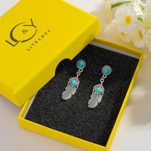 Vintage Silver Turquoise Feather Dangle Earrings for Women, Boho Western Retro Tribal Jewelry, Unique Gift for Bohemian Fashion Lovers