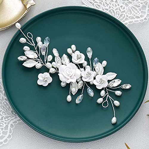 GORAIS Flower Wedding Hair Vine Pearl Bridal Hair Pieces Crystal Hair Accessories for Bride and Women - color: a-silver