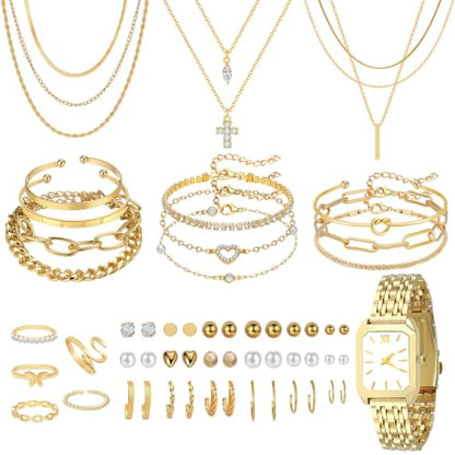 NEWITIN 61 Pieces Gold Jewelry Set for Women Fashion Costume Watch Jewelry | Bohemian Jewelry, Cubic Zirconia, Gold Plated Necklaces Bracelets Watch Rings Earrings Set for Women Party Daily, Women Gifts - color: Gold A
