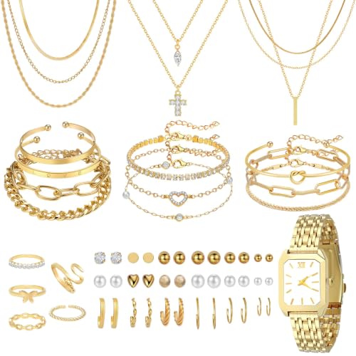 NEWITIN 61 Pieces Gold Jewelry Set for Women Fashion Costume Watch Jewelry | Bohemian Jewelry, Cubic Zirconia, Gold Plated Necklaces Bracelets Watch Rings Earrings Set for Women Party Daily, Women Gifts - color: Gold A