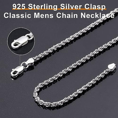 BRIJEWNES 925 Sterling Silver Clasp 2/2.5/3/4/5mm Silver Chain for Men Mens Necklace Rope Chain Necklace Diamond Cut Silver Mens Chain Necklace 16 18 20 22 24 26 28 30 Inches - size: 26, style: 2mm