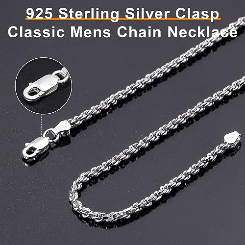 BRIJEWNES 925 Sterling Silver Clasp 2/2.5/3/4/5mm Silver Chain for Men Mens Necklace Rope Chain Necklace Diamond Cut Silver Mens Chain Necklace 16 18 20 22 24 26 28 30 Inches - size: 16, style: 2mm