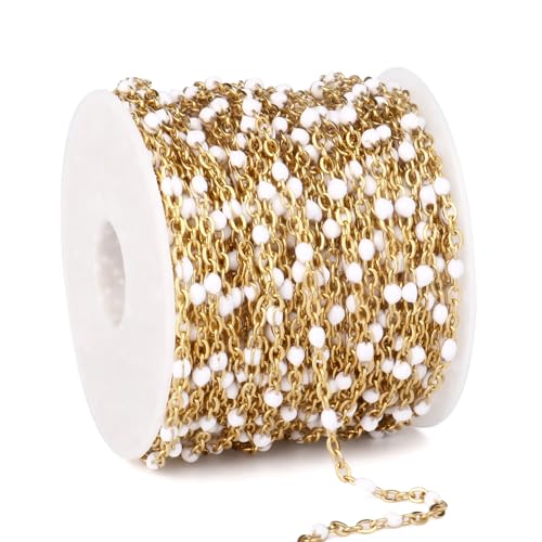 33FT 2mm Gold Cable Chains White Enamel Chains Bulk Roll for Jewelry Making | 18K Gold PVD Plated Stainless Steel Enamel Beaded Chains Roll for Necklace Bracelet - color: Gold White Beads