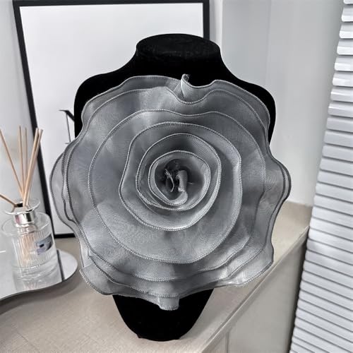 10inch Extra Large Flower Brooch Pin for Women Fashion Dainty Organza Satin Fabric Big Camellia Brooches Lapel Pins Wedding Dance Party Dress Accessories Exaggerated Jewelry Gift - color: 10 inch Grey