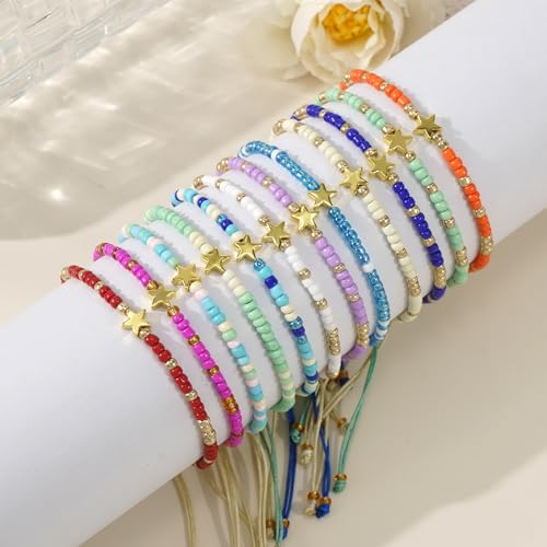 Colorful Stackable Rice Small Mini Seed Beaded Bracelets Set For Women, Handmade Dainty Boho Gold Glass Stretch Accessories Jewelry,Summer Beach Party Daily Friendship Gift - color: 12Pcs Star
